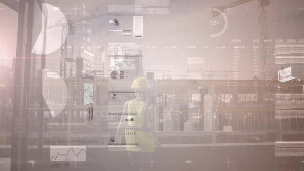 animación del procesamiento de datos sobre una trabajadora caucásica en un sitio de construcción.