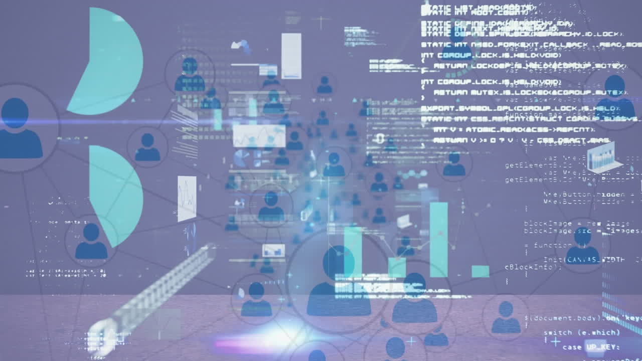 Animation of network of profile icons and statistical data processing against grey background