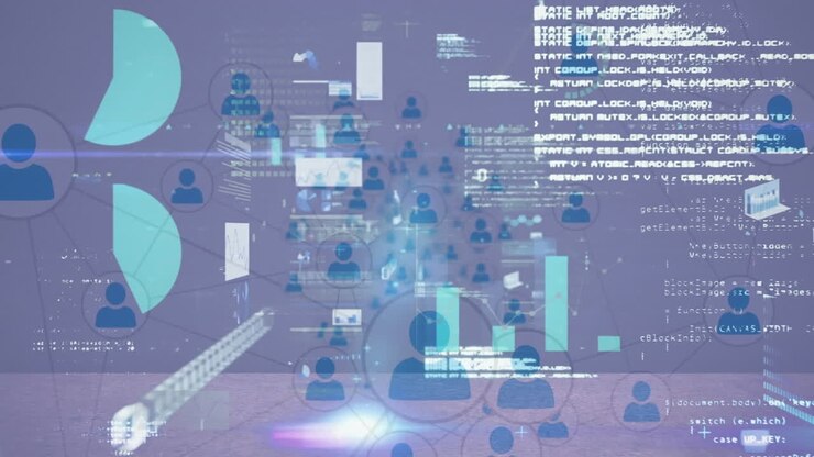 Анимация сети значков профилей и обработка статистических данных на сером фоне.
