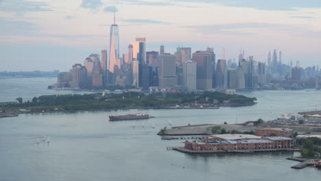 shot during the summer in red hook, brooklyn with the world trade center and the financial district in the background,