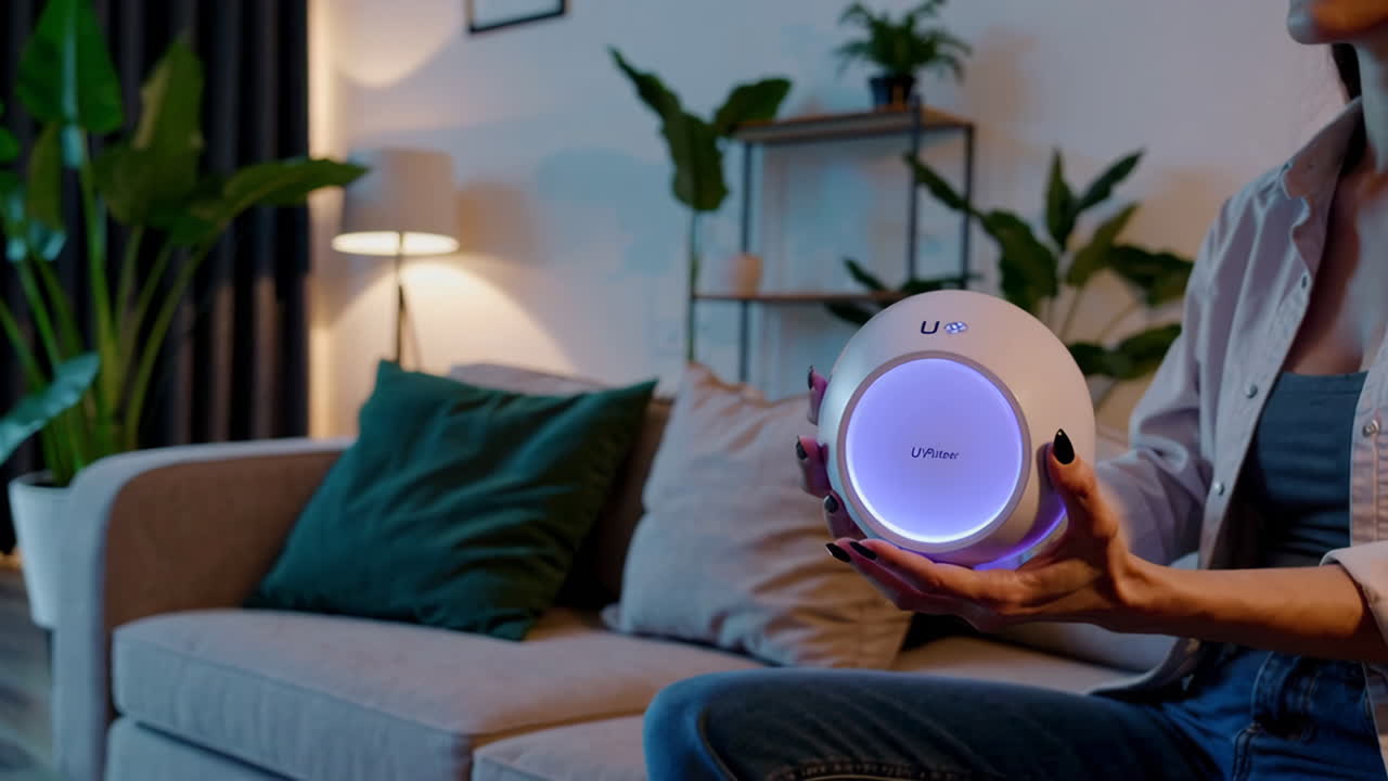 Woman Holding a Modern Air Purifier in a Living Room