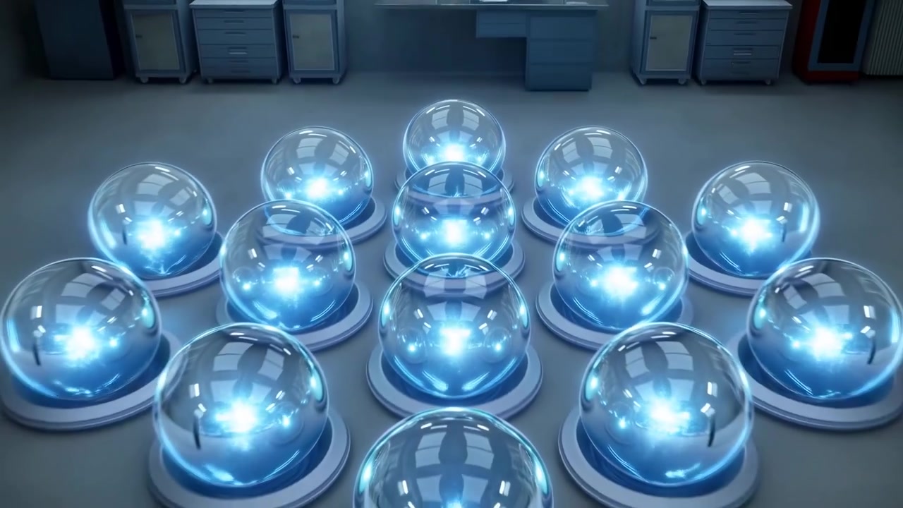 Close-up of a clear spherical dome or lens centered in a modern industrial chamber, surrounded by reflective metal surfaces, wall lights, and soft blue glow
