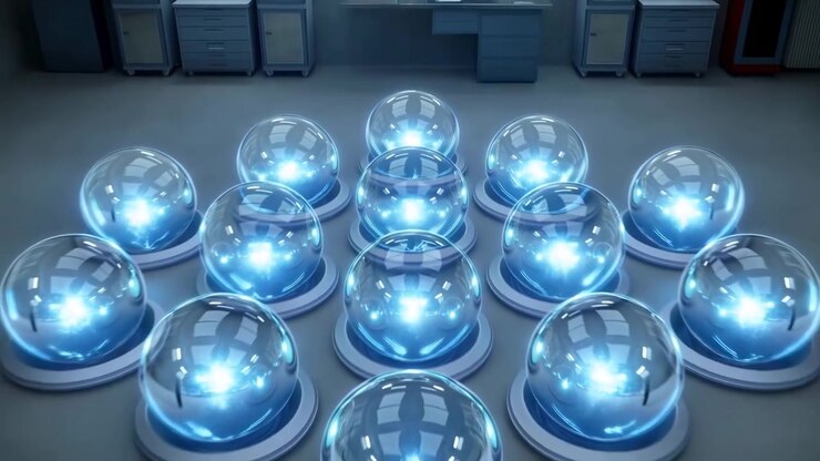 Close-up of a clear spherical dome or lens centered in a modern industrial chamber, surrounded by reflective metal surfaces, wall lights, and soft blue glow