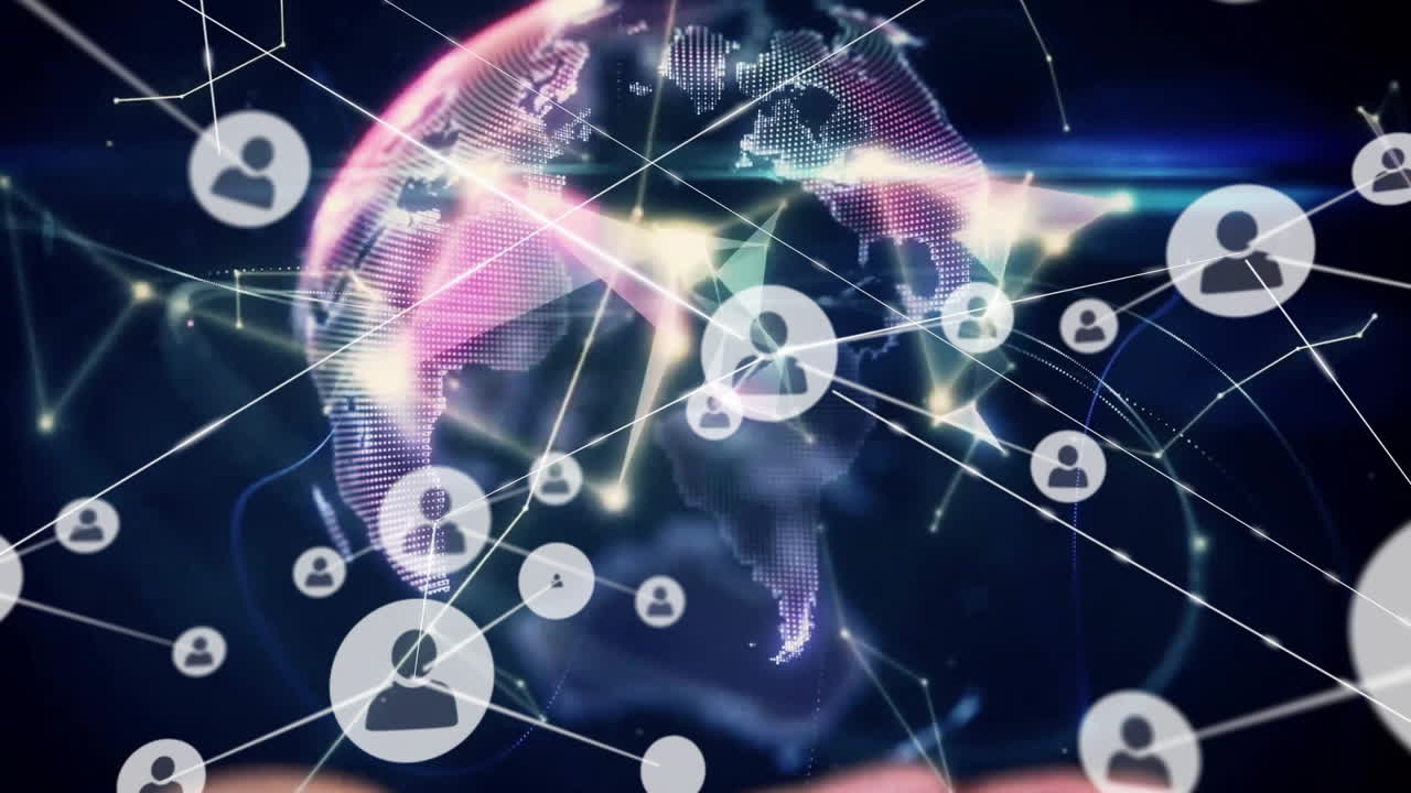 연결 네트워크 및 사용자 아이콘 세계 지도에 대한 애니메이션