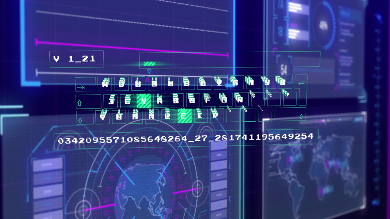 Animation of data processing and diagrams over globe and world map