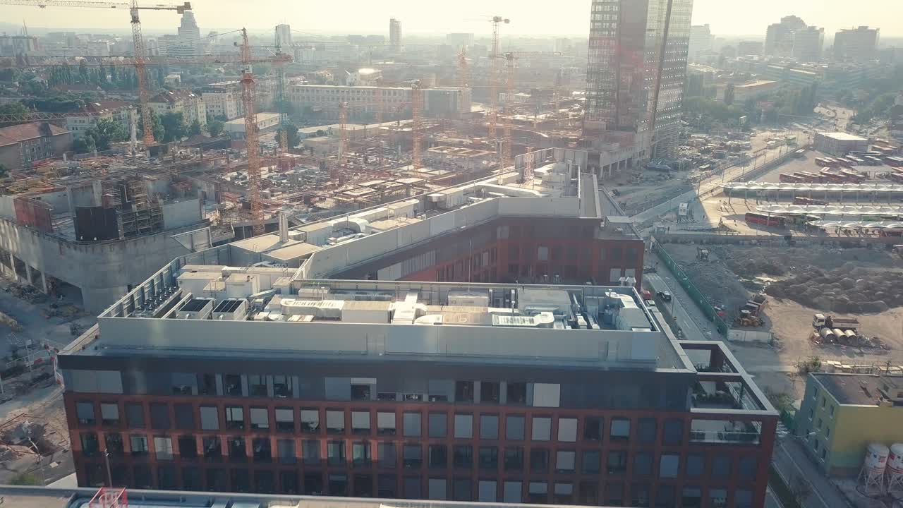 Forward drone shot of Zaha Hadid building concept, in Bratislava, Slovakia