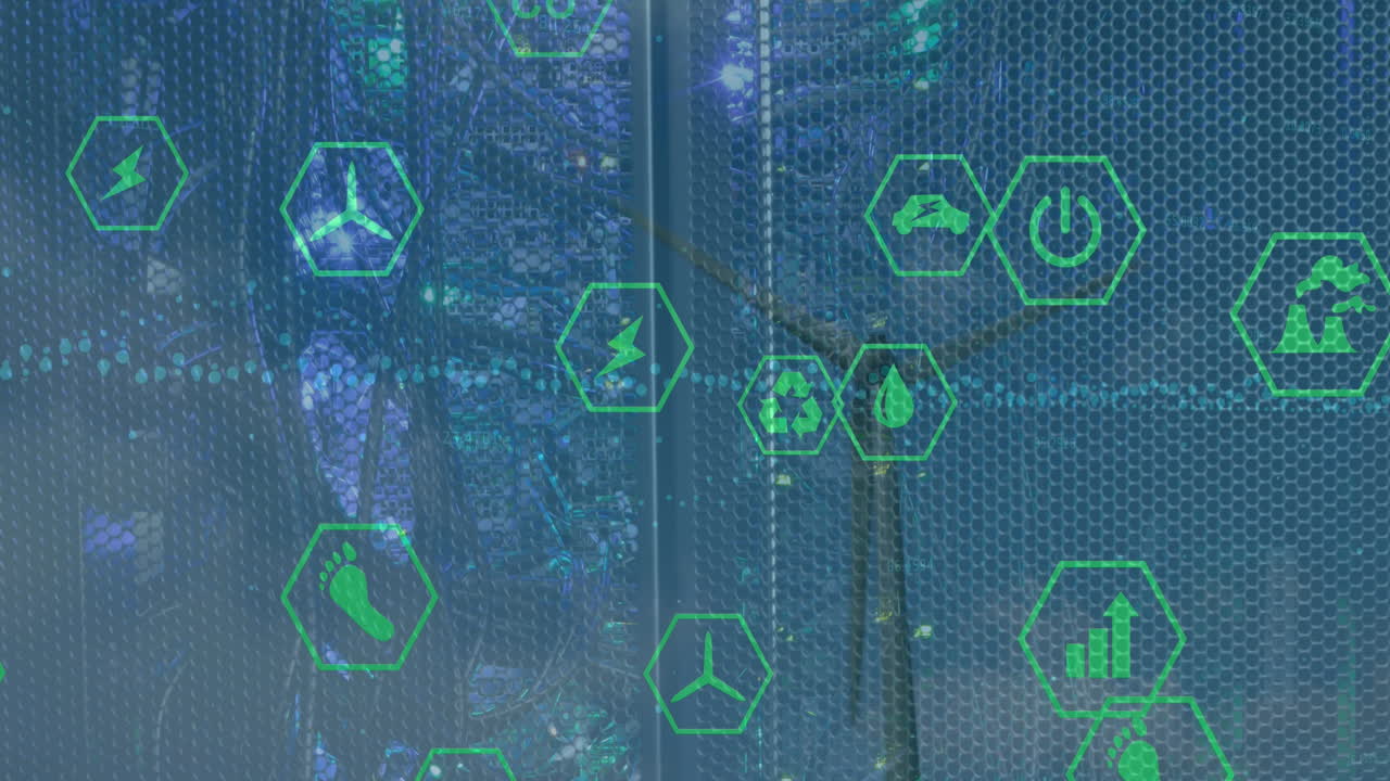 animación de iconos ecológicos y procesamiento de datos a través de servidores informáticos.