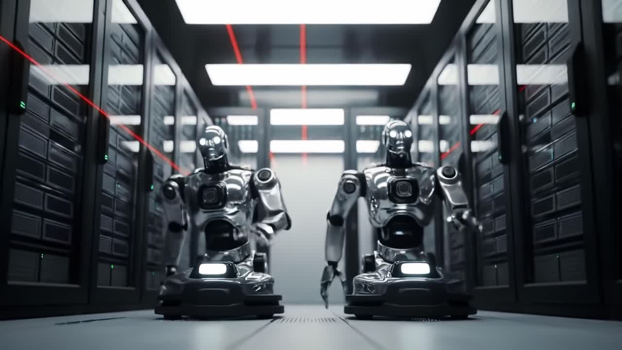 Advanced robotic entities navigating an intricate server warehouse, showcasing cutting-edge technology in an innovative digital landscape with sleek metallic designs