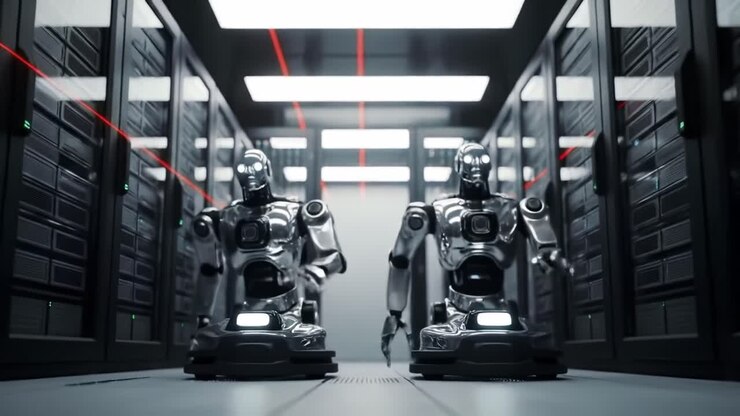 Advanced robotic entities navigating an intricate server warehouse, showcasing cutting-edge technology in an innovative digital landscape with sleek metallic designs