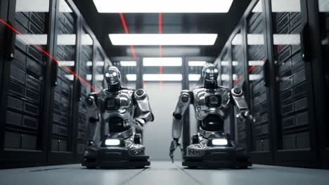 advanced robotic entities navigating an intricate server warehouse, showcasing cutting-edge technology in an innovative digital landscape with sleek metallic designs
