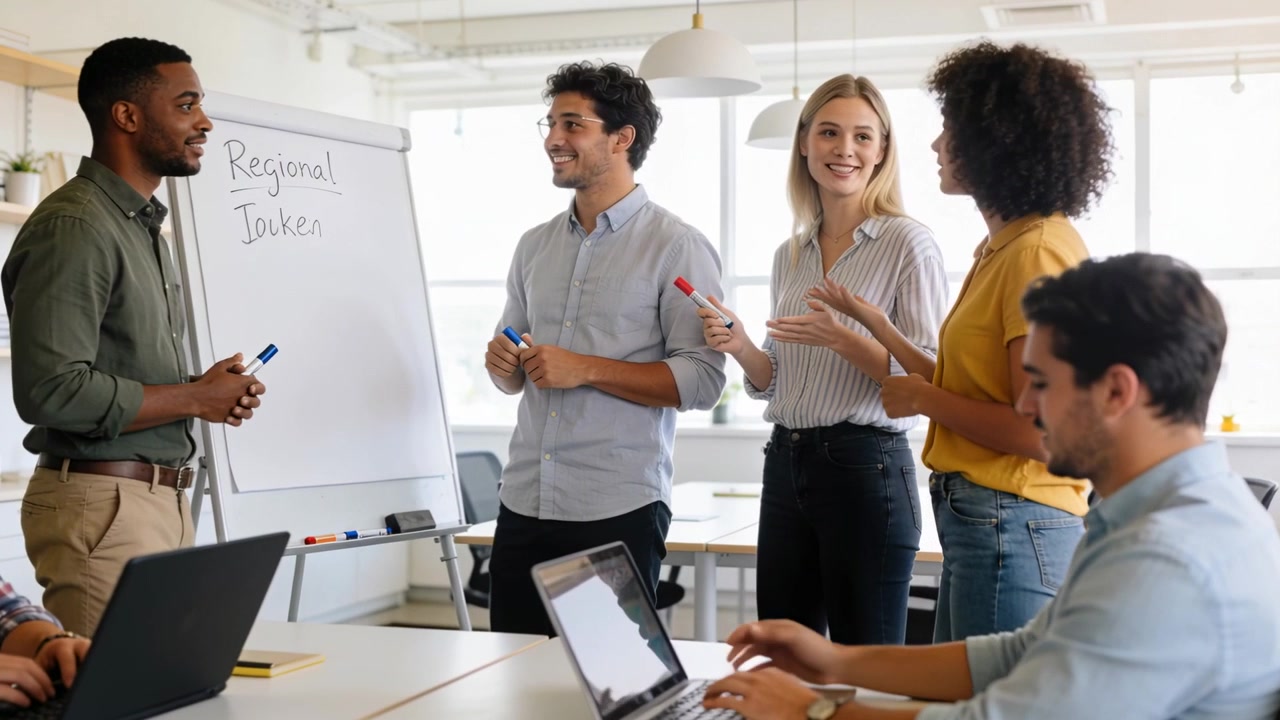 Writing leader in green shirt starting brainstorming at office, center man writing on flip chart