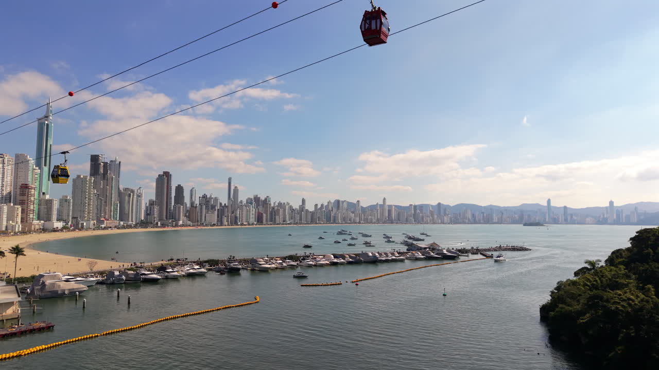 Scenic view of cable cars passing over Balneario Camboriu, Santa Catarina, Brazil, featuring the city skyline, beach, marina, and Gulf of Balneario Camboriu under sunny skies in summertime