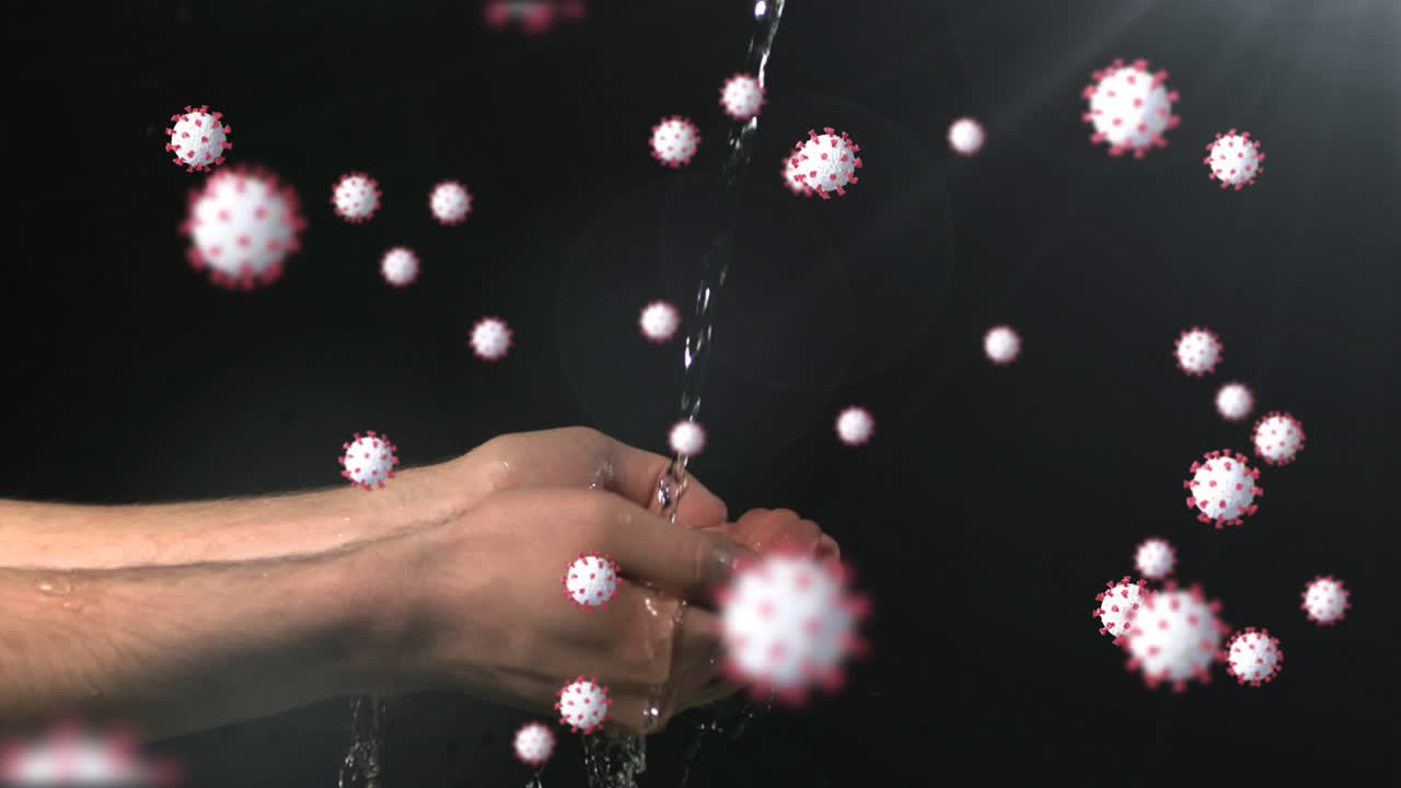 코로나19 애니메이션은 바이러스 세포와 손을 는 사람을 보여주며 팬데을 강조합니다.