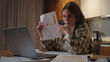 a young woman with glasses at home shows a graph in a laptop camera sitting at home an online report. video call and conference with demonstration and analysis of documents and schedules