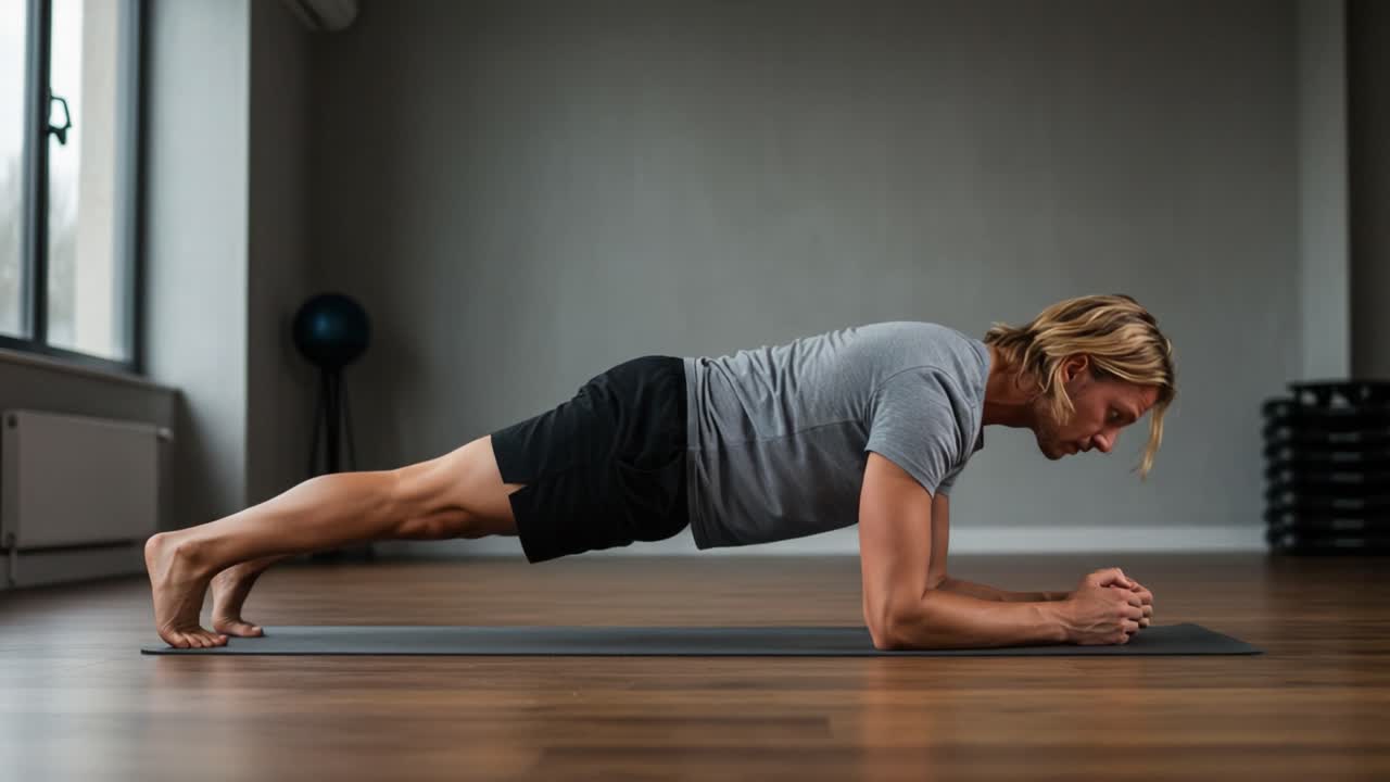 Demonstrating the Perfect Plank: A Focused Individual Engages in Core Strengthening Exercise with Proper Form in a Modern Fitness Studio Environment