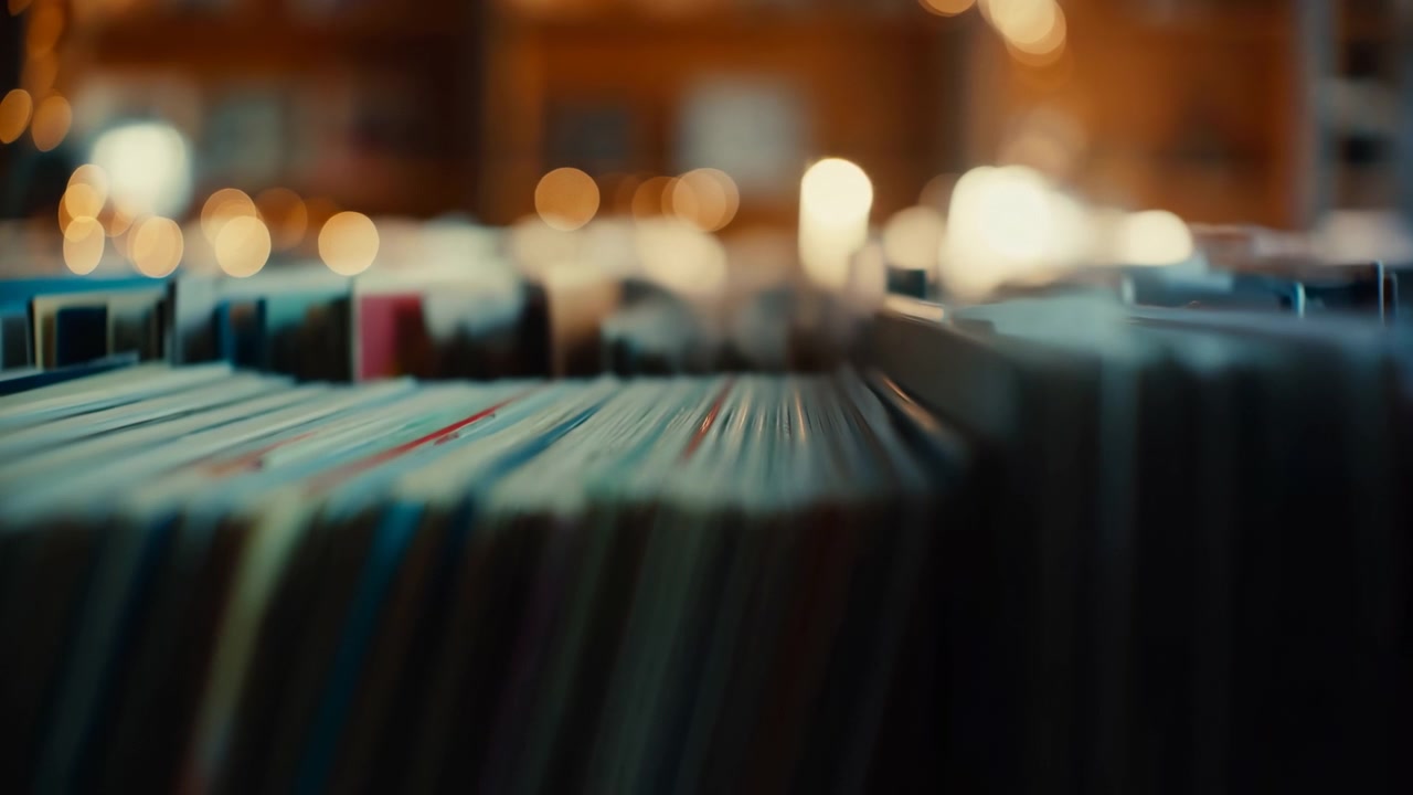 Low-angle view of densely packed upright record sleeves in shallow bins inside warm indoor shop or archive, with soft bokeh lights, muted colors, and nostalgic texture, with record, vinyl, sleeve