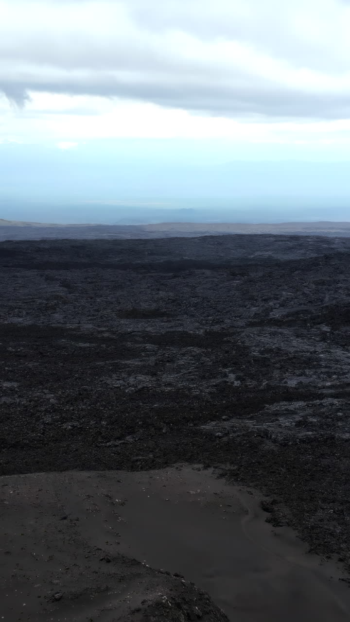 Aerial View of Vast Volcanic Lava Field Under Cloudy Sky
