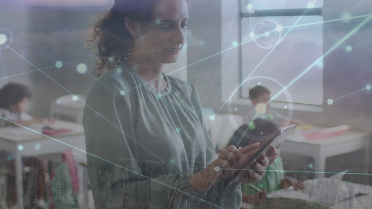 Animation of network of connections over diverse schoolchildren and teacher using tablet