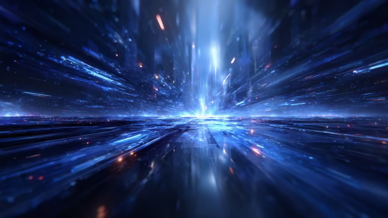 Dynamic Futuristic Scene with Light Trails Representing Fast Movement Through a Digital Landscape, Evoking a Sense of Speed and Technological Advancement