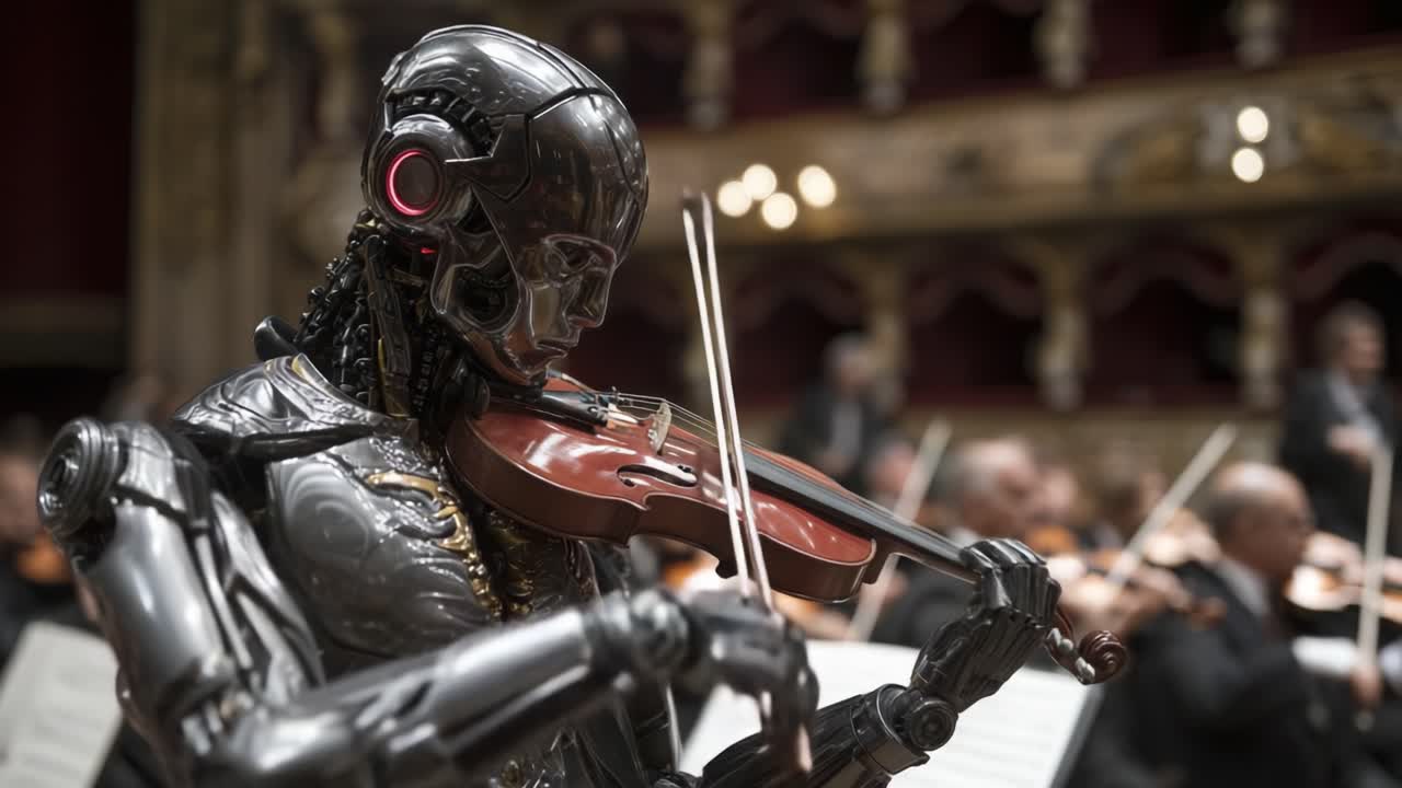 Una sinfonia futuristica: un robot virtuoso suona il violino in una grande sala da concerto, circondato da un'intera orchestra, fondendo la tecnologia con la musica classica
