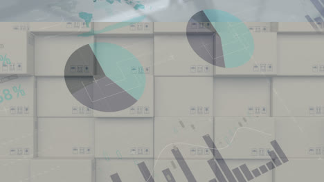 animation of statistics processing over cardboard boxes in warehouse