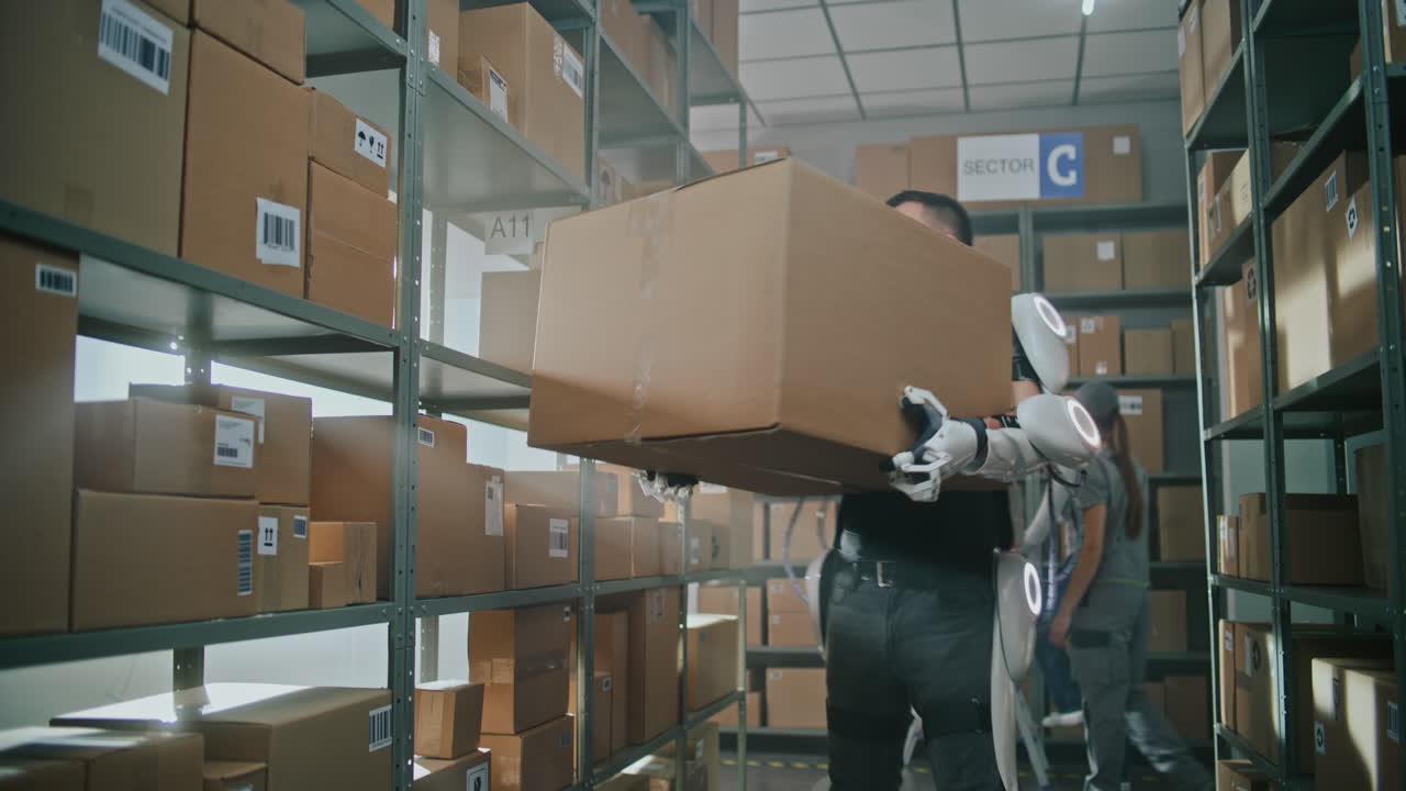 robots de almacén y trabajadores