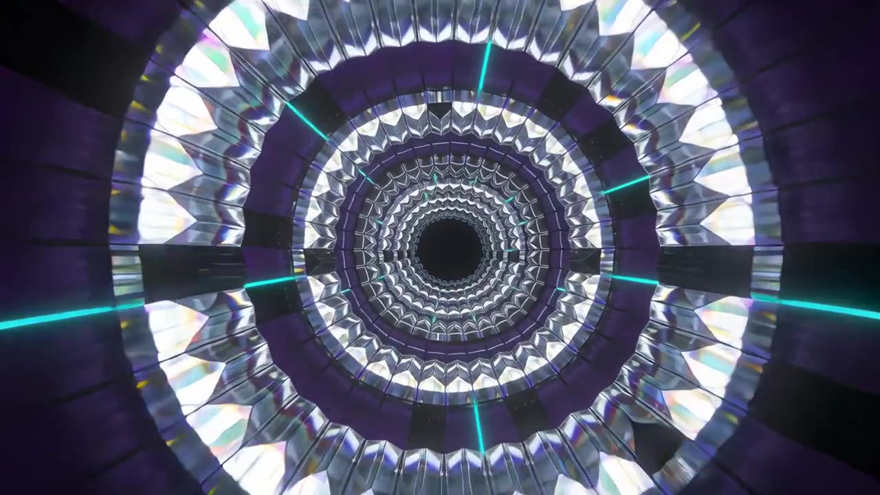 Tunnel prismatico che reagisce a uno spostamento di frame, contraendosi verso l'interno con raggi ciano, vuoto centrale in CGI.