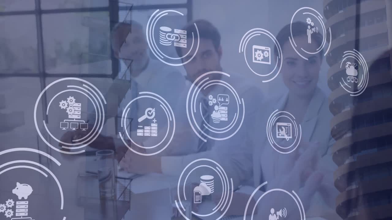 animación de iconos de la tecnología sobre empresarios caucásicos en la oficina