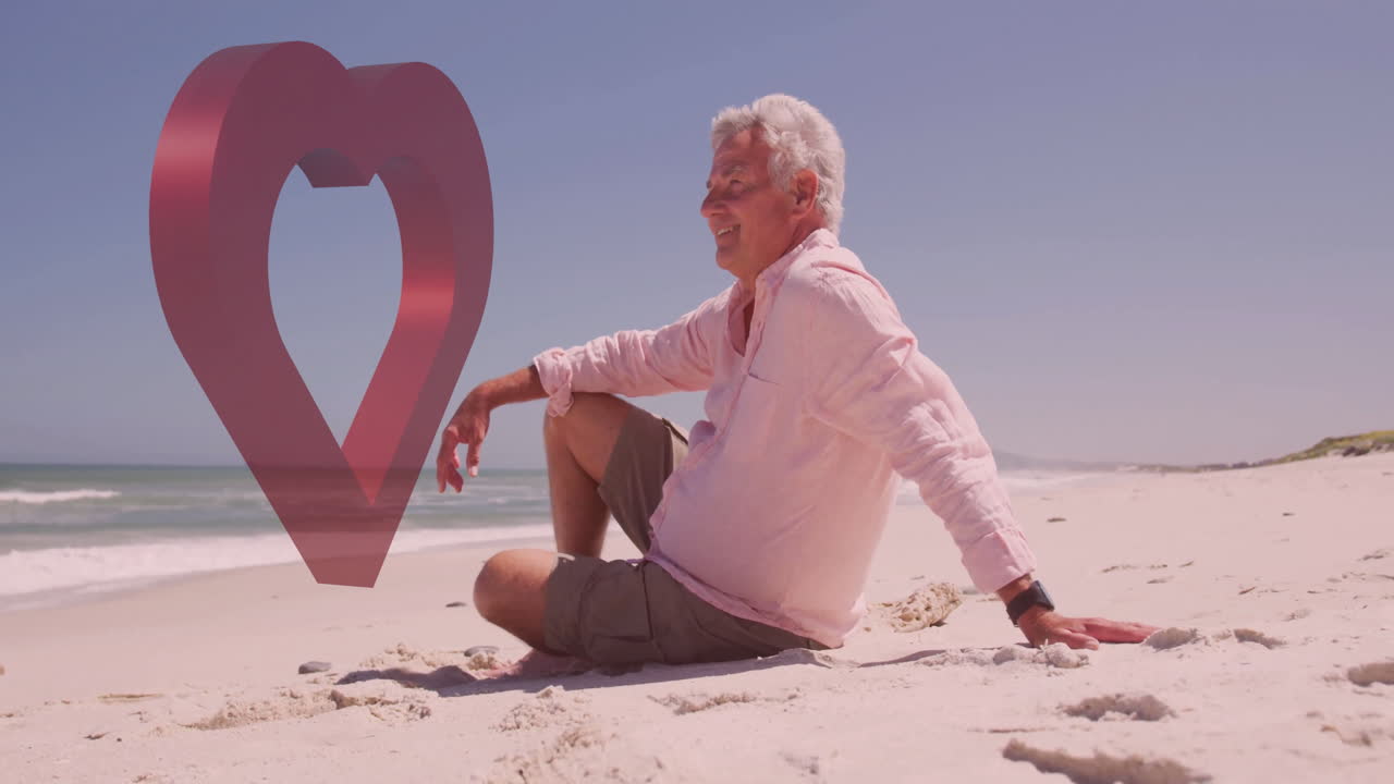 Elderly man relaxing on beach with heart-shaped animation beside him