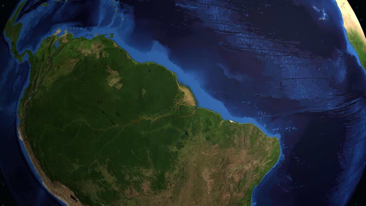 L'animazione digitale zooma dallo spazio a uno specifico indicatore di coordinate a Macapá, in Brasile