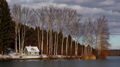 cabin by a lake in a forest