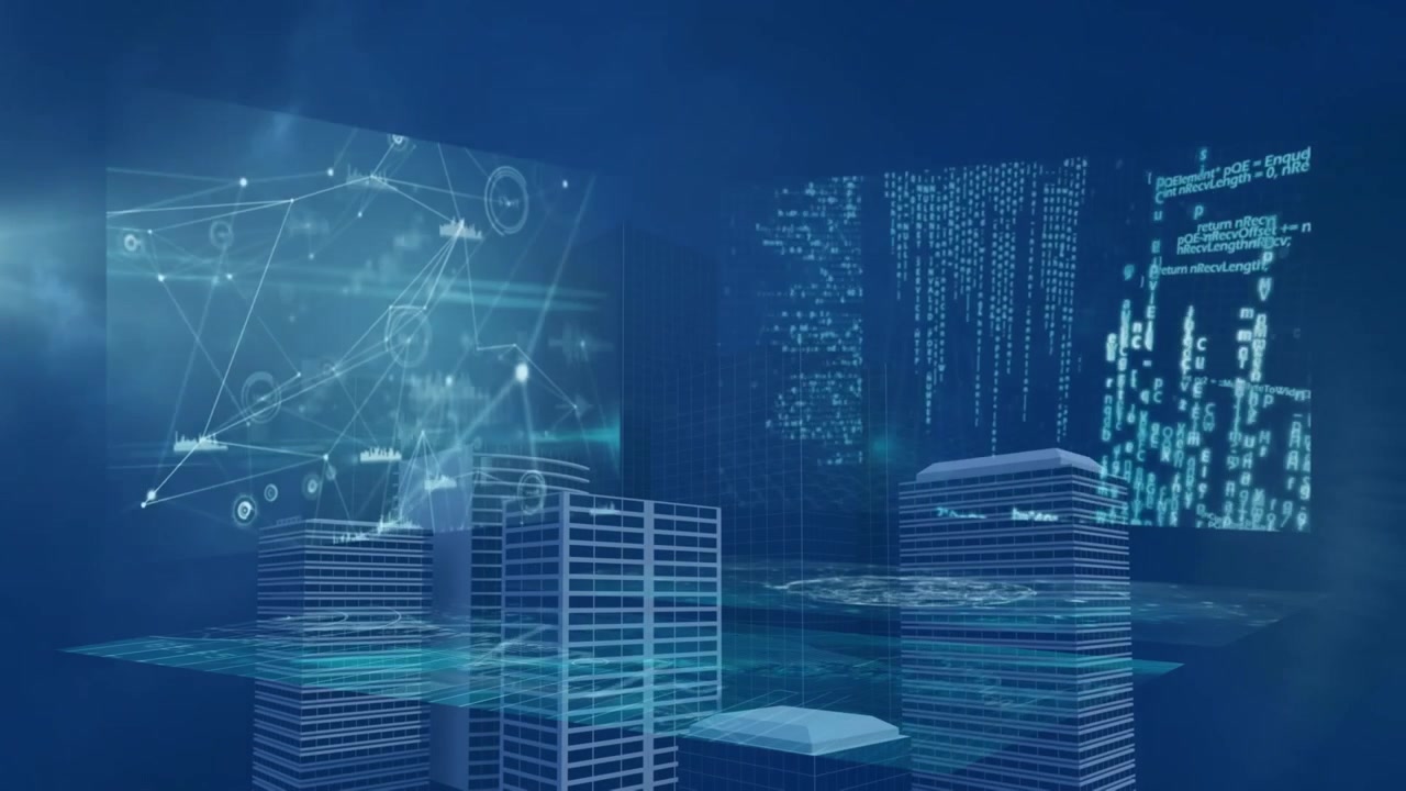 Animazione dell'elaborazione dati su un paesaggio urbano