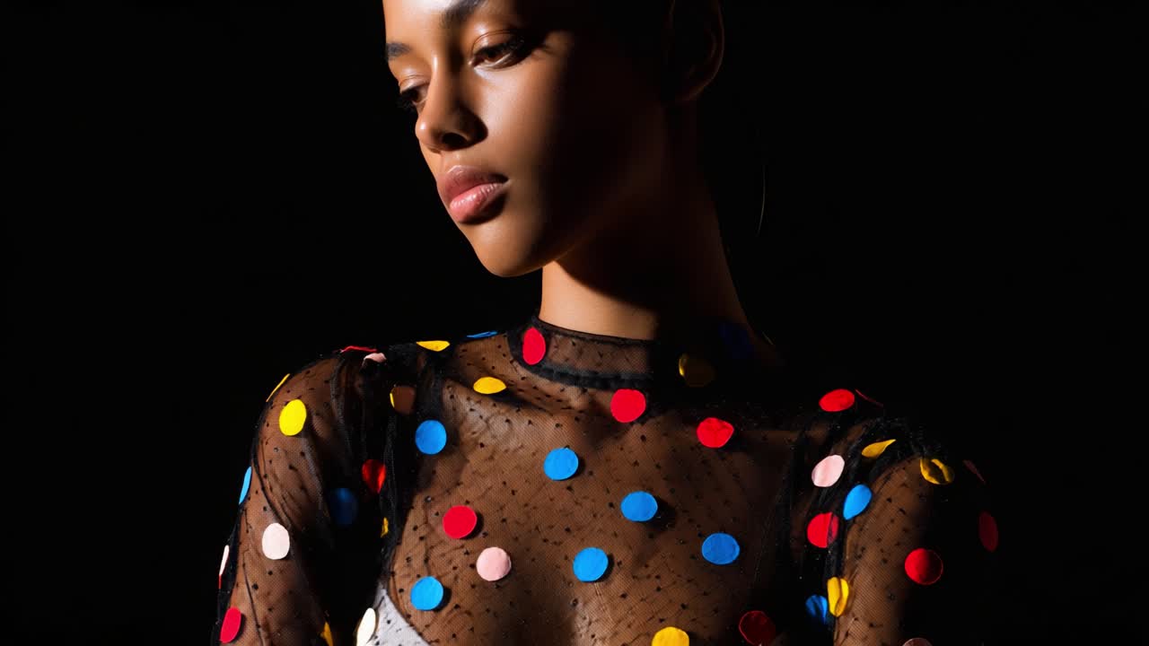 Una modella mozzafiato mette in mostra un abito alla moda a pois in un ambiente da studio ad alto contrasto, caratterizzato da pois dai colori vivaci su uno sfondo scuro per creare un impatto visivo accattivante