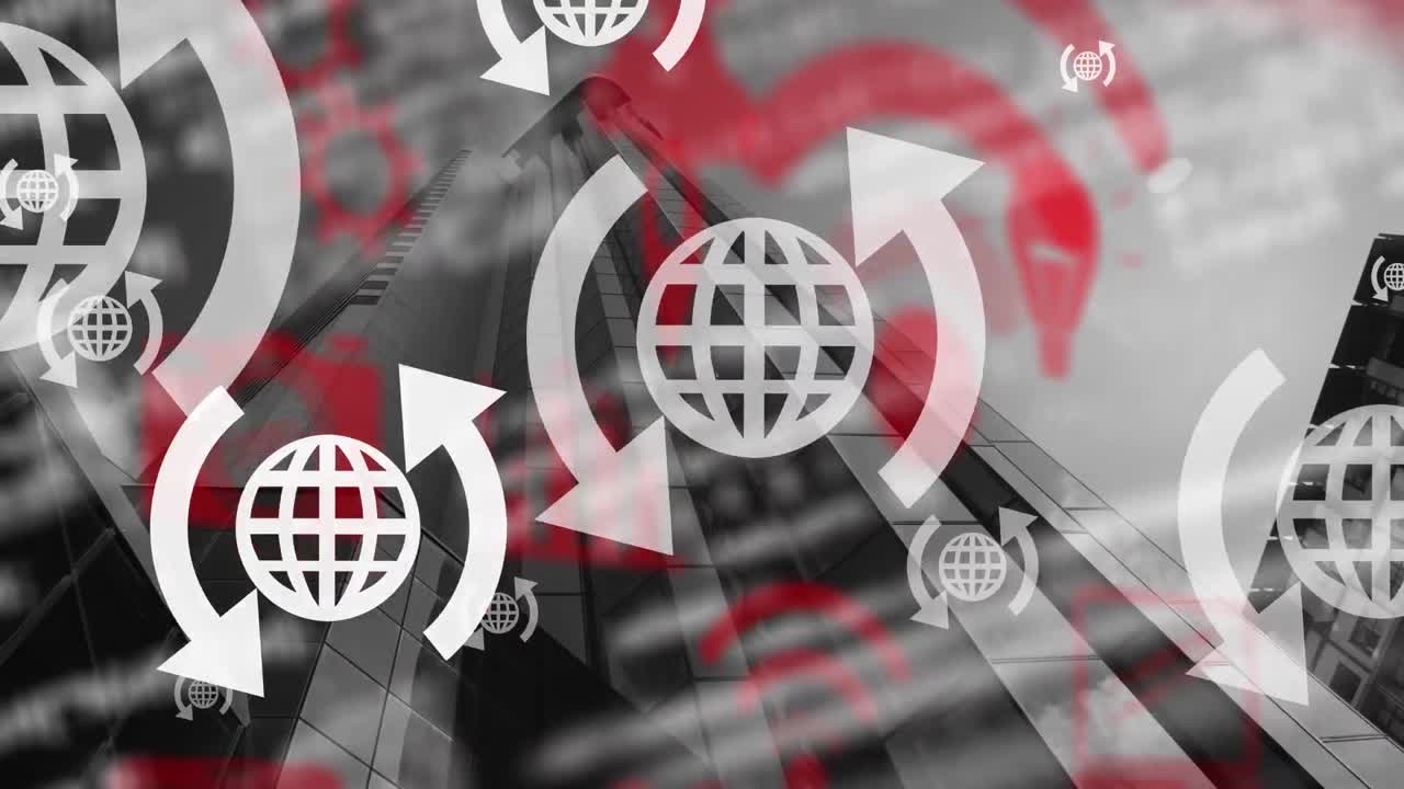 Animazione di una rete di connessioni con icone sul paesaggio cittadino