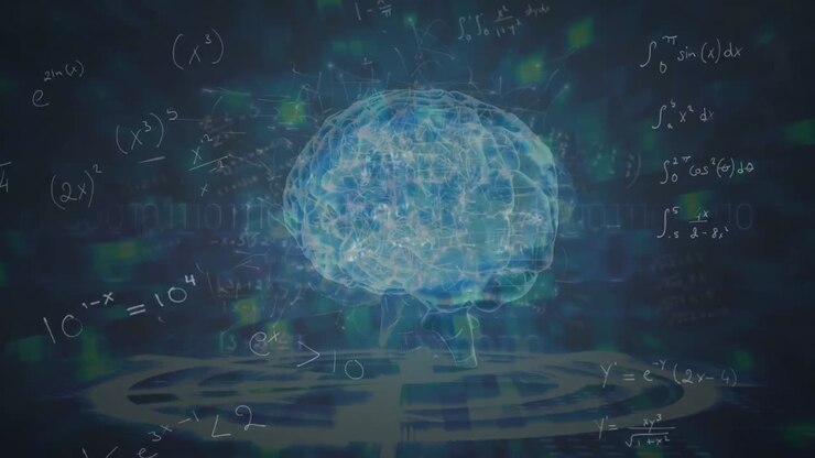 Animation of rotating brain and math formulas on navy background