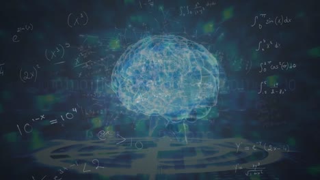 Animation-of-rotating-brain-and-math-formulas-on-navy-background