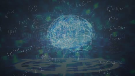 animation of rotating brain and math formulas on navy background