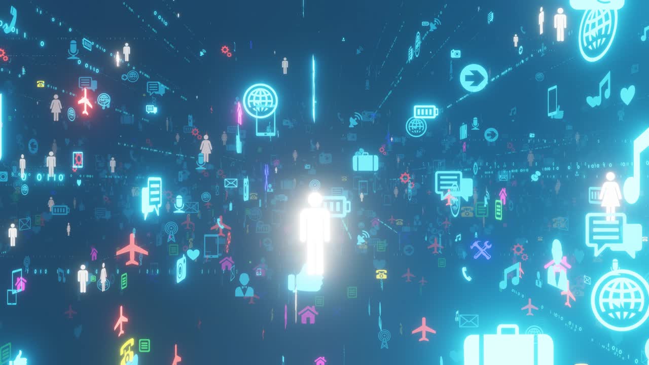 기술 공간에서 비행 카메라 추론 색상 소셜 아이콘 소셜 네트워크에 연결 4k 원활한 루핑 애니메이션