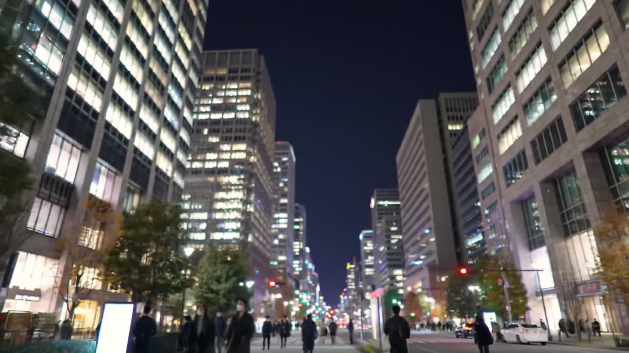 A Vibrant Night in the City: Capturing the Lively Street Scene Illuminated by Modern Skyscrapers and the Pulse of Nightlife in an Urban Environment
