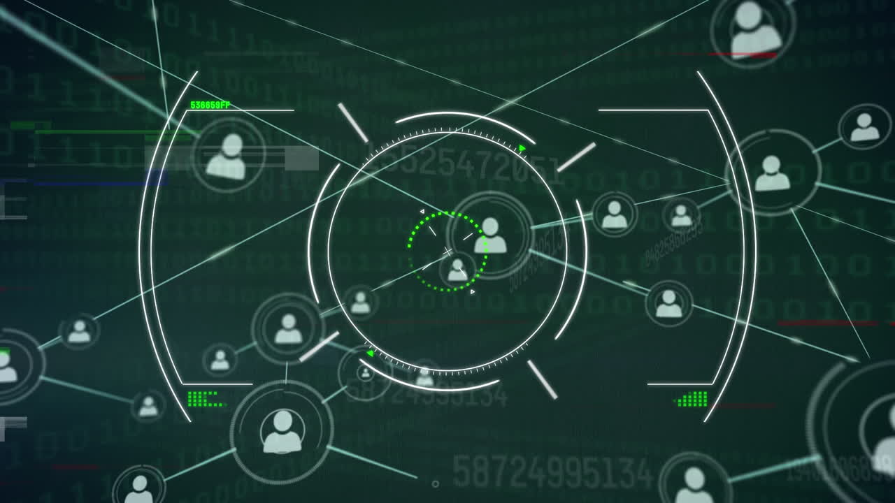 animación de la red de conexiones con personas iconos sobre procesamiento de datos de codificación binaria