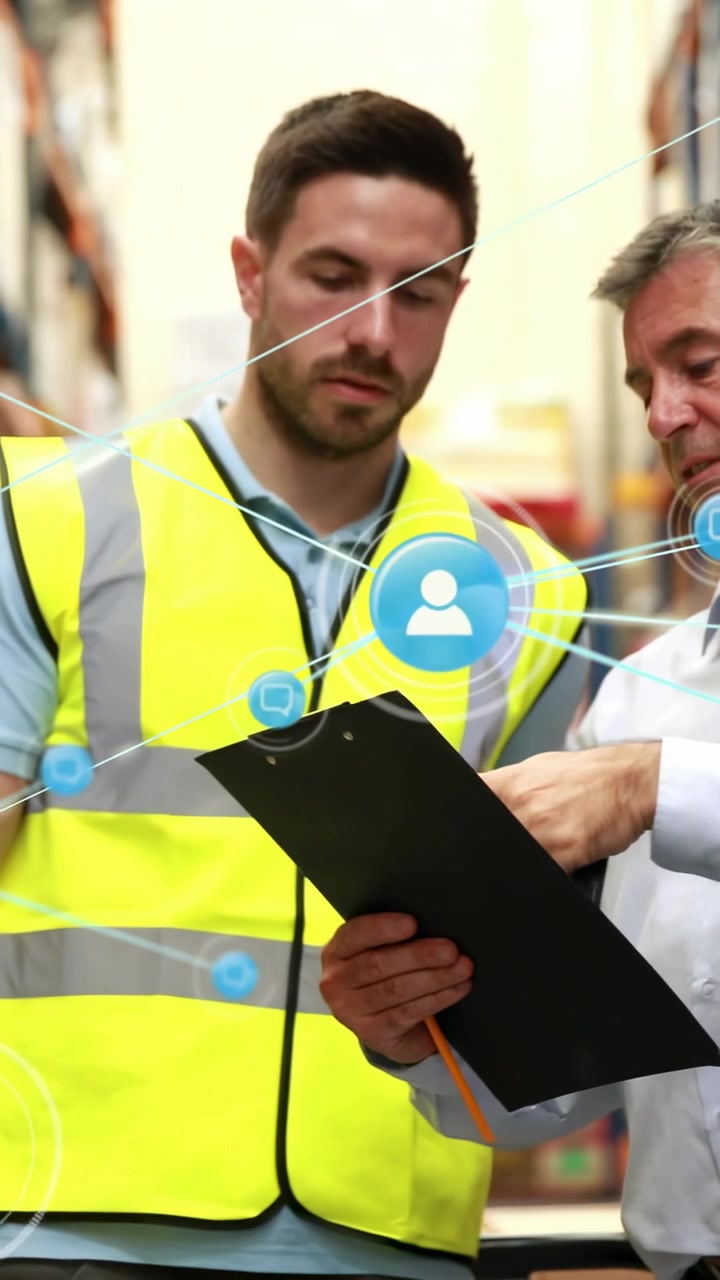 Vertical video: Depot worker scanning as man lifting scanner causing icons linking notes for stock