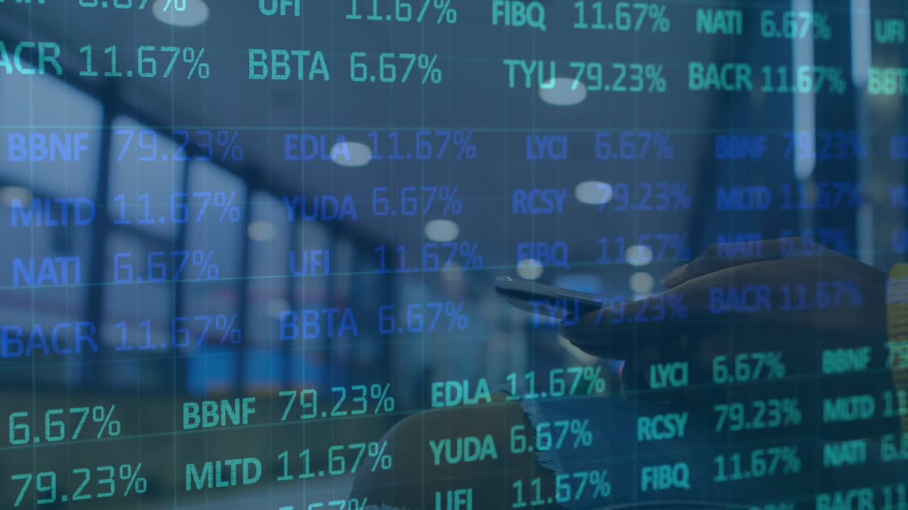 Animation of stock market over man using smartphone