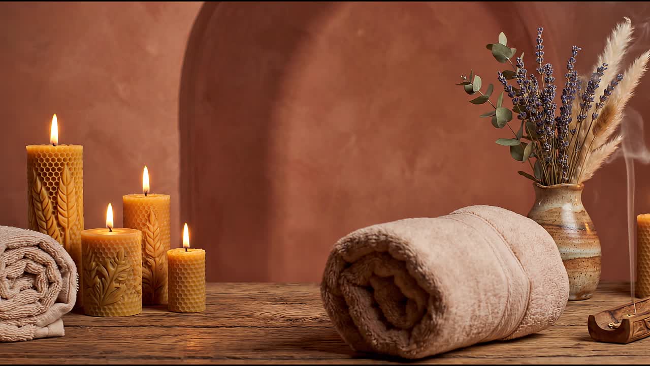 Spa wellness stilleben med stearinlys, rullet håndklæde, røgelse og tørrede blomster.