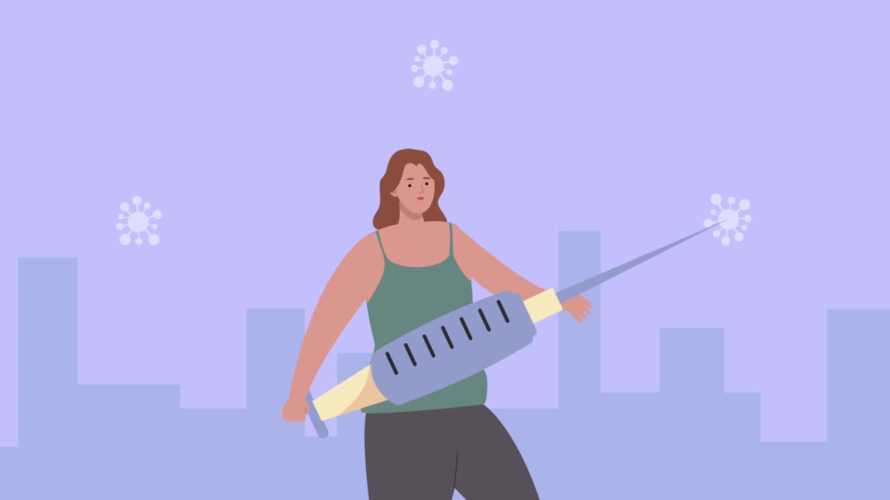animación de la vacuna contra la covid-19 con una mujer levantando una jeringa