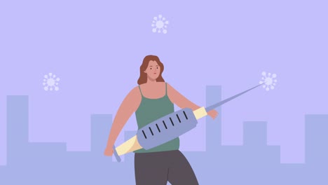 animación de la vacuna contra la covid-19 con una mujer levantando una jeringa