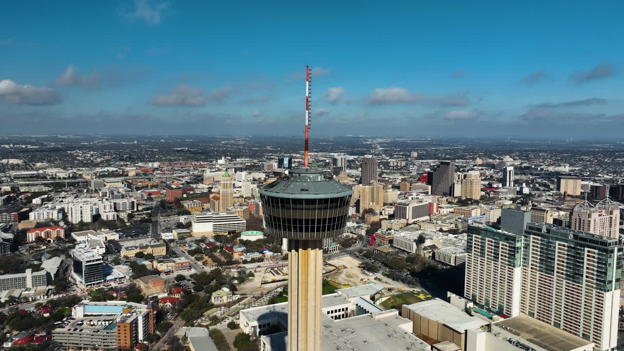 Aerial view away from the Tower of the Americas, sunny day in San Antonio, USA