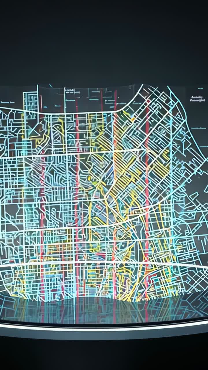 Vertical video: Opening curved screen showing colored street grid map in dark room with reflection