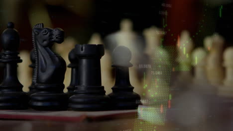 piezas de ajedrez a bordo con animación de procesamiento de datos financieros sobre ellas