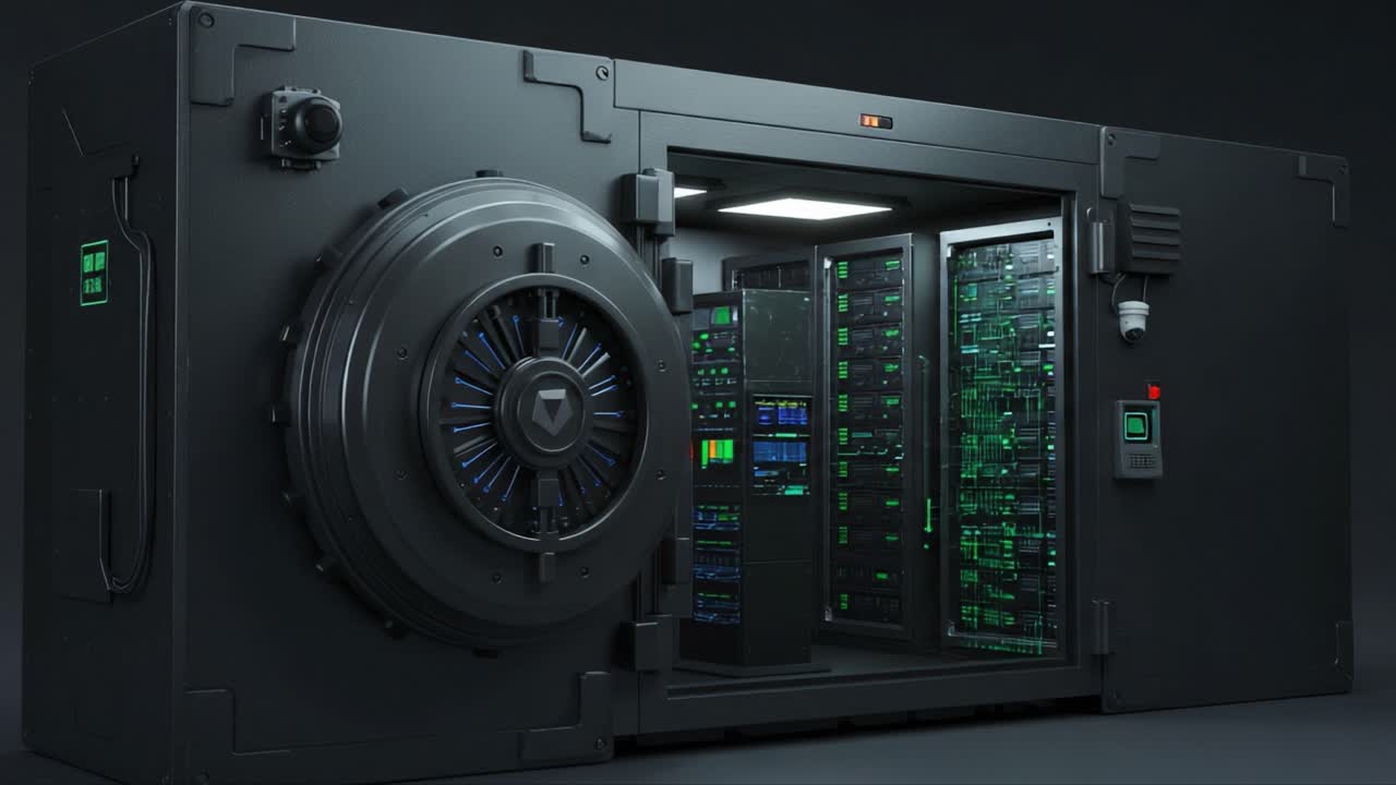 A Secure Data Vault: The Future of Cybersecurity with High-Tech Servers and Advanced Lock Mechanism Showcased in a Futuristic Data Center Environment