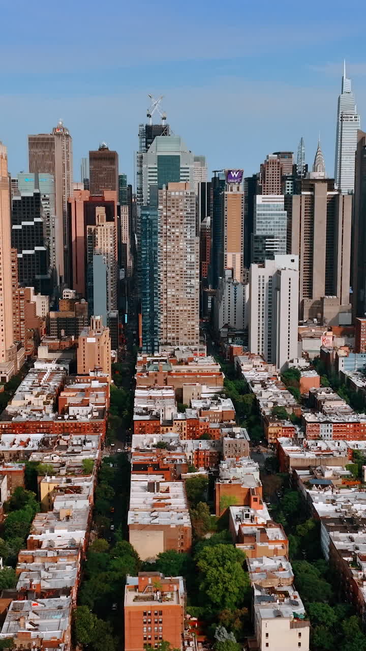 Green area with residential houses of few storeys at the backdrop of skyscrapers. New York cityscape from drone footage on sunny day. Vertical video